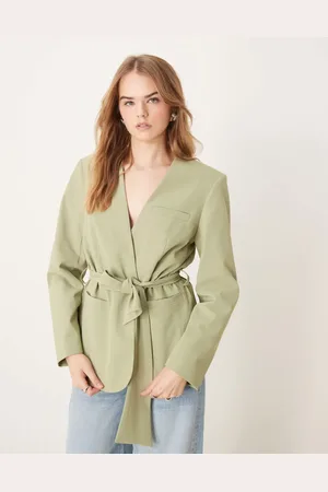 ASOS Tie waist collarless blazer co-ord in pistachio