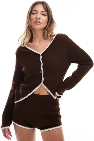 Miss Selfridge Lace trim cardigan co ord in chocolate