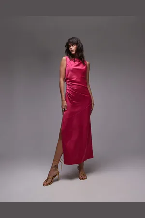 Topshop Knot shoulder pintuck waist satin midi dress in pink