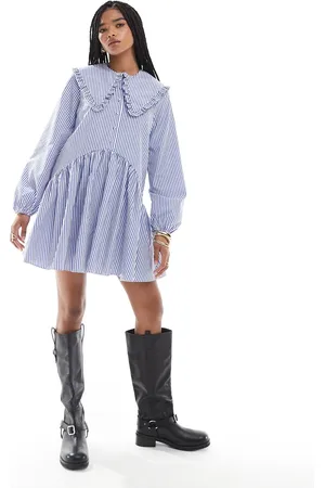 Miss Selfridge Stripe oversized collar smock dress in stripe