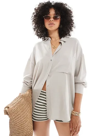 Pull&Bear Oversized linen look shirt in beige