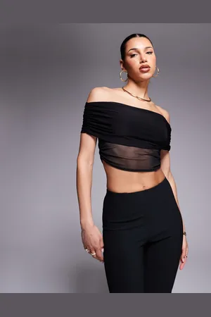 Missyempire Double layered slinky mesh detail bardot fold over top in