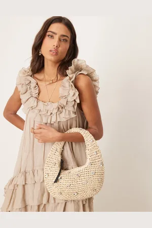 ASOS Straw hand crochet scoop shoulder bag in natural with crystal detail
