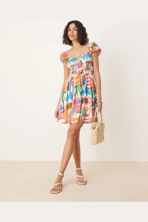 ASOS Square neck mini dress with cinched channel waist in conversational print