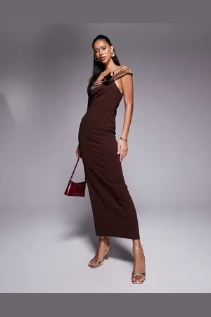 ASOS Scuba contrast bandeau with corsage midaxi dress in chocolate
