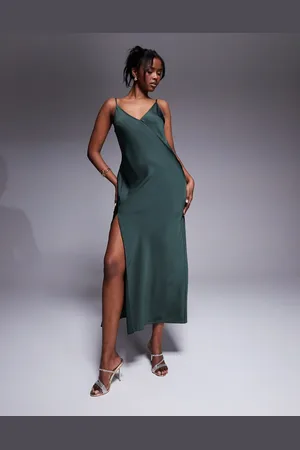 ASOS Satin v neck seam detail midaxi dress with split in dark