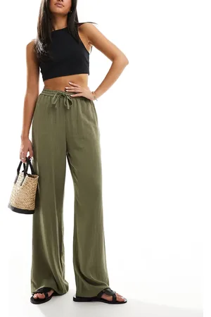 Miss Selfridge Linen blend pull on wide leg trouser in khaki