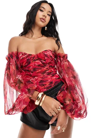 Lace & Beads Balloon sleeve ruched bodysuit in floral