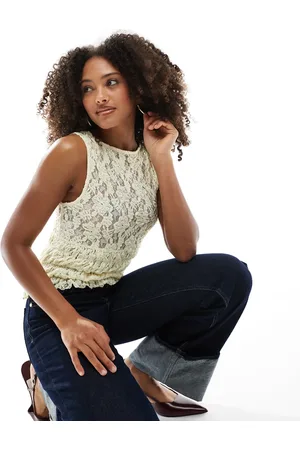 ASOS Lace cap sleeve shirred top with frill detail in lemon