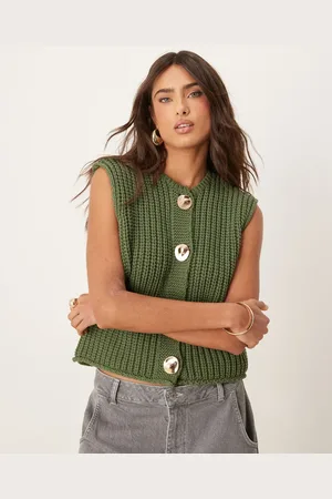 ASOS Chunky stitch waistcoat with gold buttons in khaki