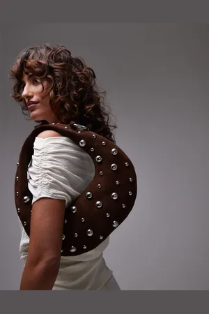 MANGO Leather studded hoop detail bag in
