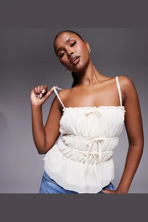 Kaiia Exclusive square neck shirred tie detail cami top in cream