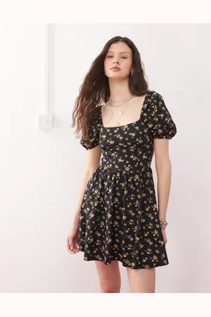 Miss Selfridge Milkmaid puff sleeve mini dress in dark ditsy floral print