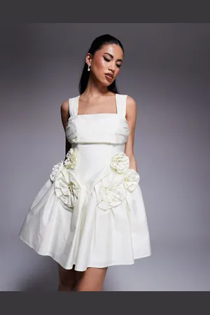 ASOS Cotton sateen pleated bust cinched waist corsage mini dress in buttermilk