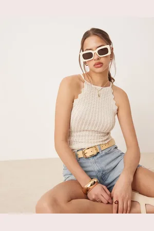 AWARE Fine knit tank top with scalloped trim in cream