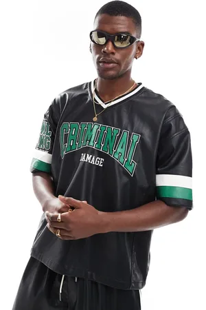 Criminal Damage Stadium leather v neck in black/green/white