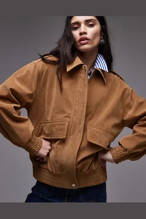 Topshop Faux suede oversized bomber in tan