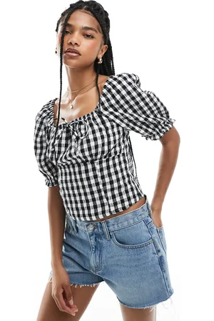VERO MODA Cropped top with square neck in mono gingham