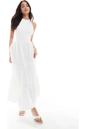 Bershka Linen halterneck tiered maxi dress in ecru
