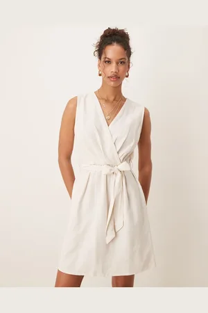 VILA Linen blend wrap front mini dress with tie belt in oatmeal