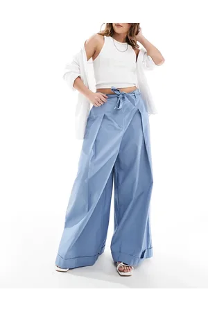 ASOS Super wide leg trousers with tie belt in blue