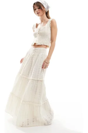 The Frolic Exclusive broderie shirred waist tiered maxi skirt co-ord in cream