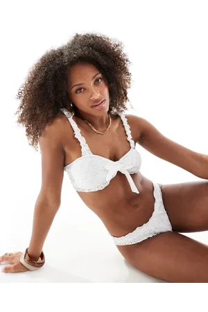Miss Selfridge Broderie scrunchie tie front crop bikini top in cream