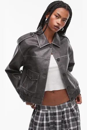 Topshop Faux leather cropped button thru patch pocket bomber in washed black