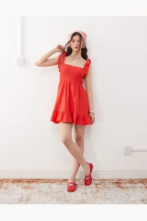 Miss Selfridge Shirred detail tie shoulder mini dress in red