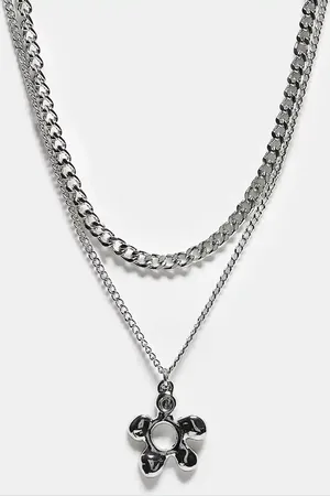 Reclaimed Unisex 2 row necklace with flower pendant in