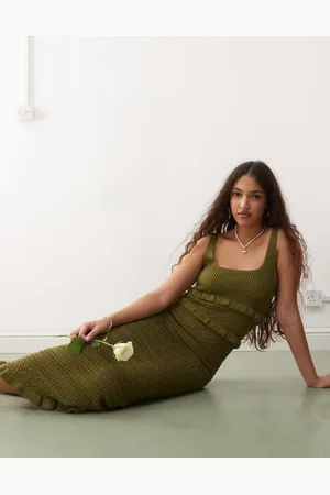 Miss Selfridge Frill crochet maxi dress in khaki