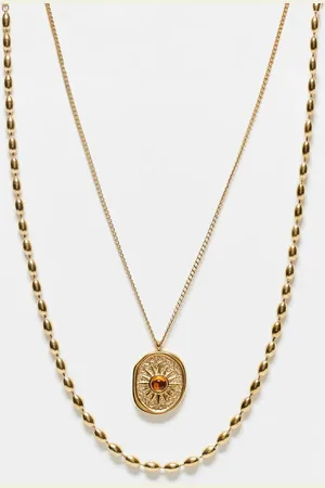 ASOS 2 pack waterproof stainless steel ball chain necklace with oval sun pendant in tone