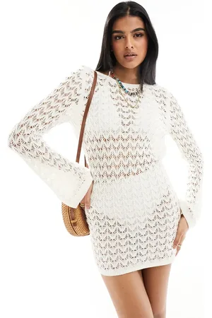 Miss Selfridge Crochet low back long sleeve mini dress in cream