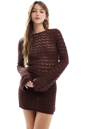 Miss Selfridge Crochet low back long sleeve mini dress in chocolate
