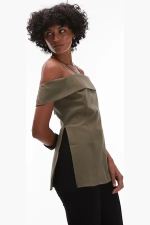 MANGO Structured longline bardot top in khaki