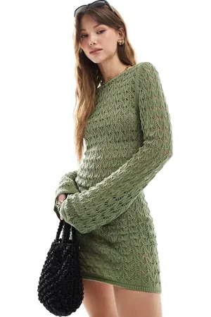 Miss Selfridge Crochet low back long sleeve mini dress in khaki