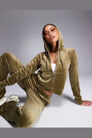 Juicy Couture Velour zip through hoodie co-ord in dark olive