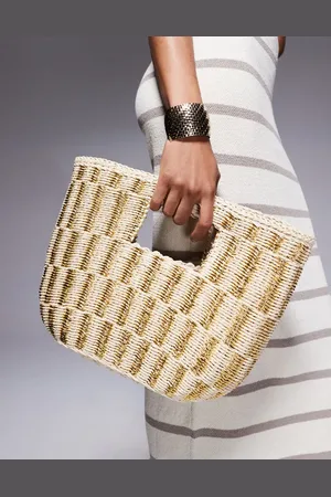 South Beach Glitter straw bucket bag in beige and gold