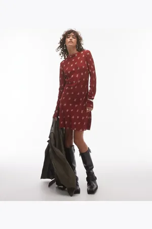 Topshop Long sleeve slash neck mini dress in rust floral
