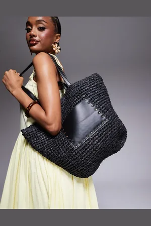 South Beach Straw shoulder tote bag with PU panel in