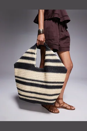 South Beach Oversized landscape straw tote bag in black stripe