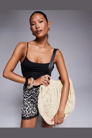 South Beach Slouch straw tote bag with PU buckle strap in beige