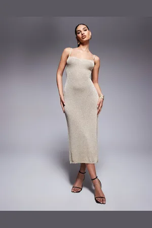 Missyempire Metallic knitted lace up back side slit midi dress in