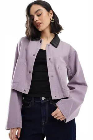 ASOS Cropped washed barn jacket with leather look collar in grey lilac