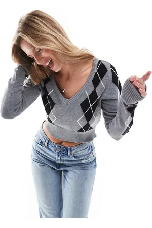 Bershka Argyle checked v-neck co-ord jumper in