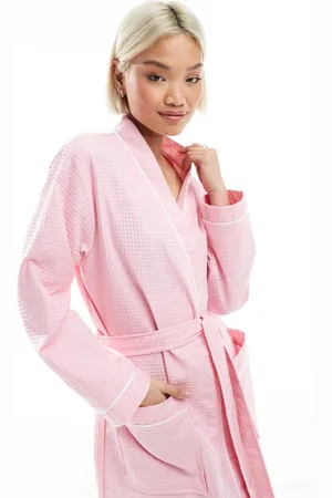 Loungeable Cotton waffle robe with satin piped trim in