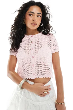 Miss Selfridge Knitted pointelle short sleeve cardigan in pink