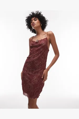 Topshop Crinkle cowl neck sea print mini dress in burgundy