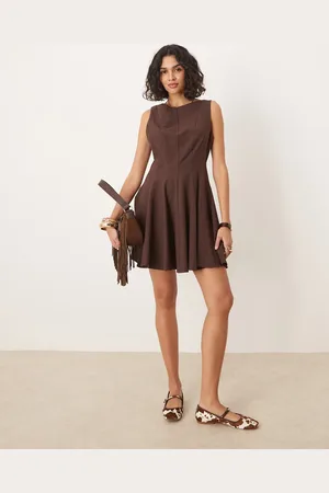 ASOS Linen blend slash neck seamed fit and flare mini dress in chocolate
