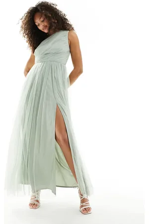 ANAYA Bridesmaid tulle one shoulder maxi dress in sage
